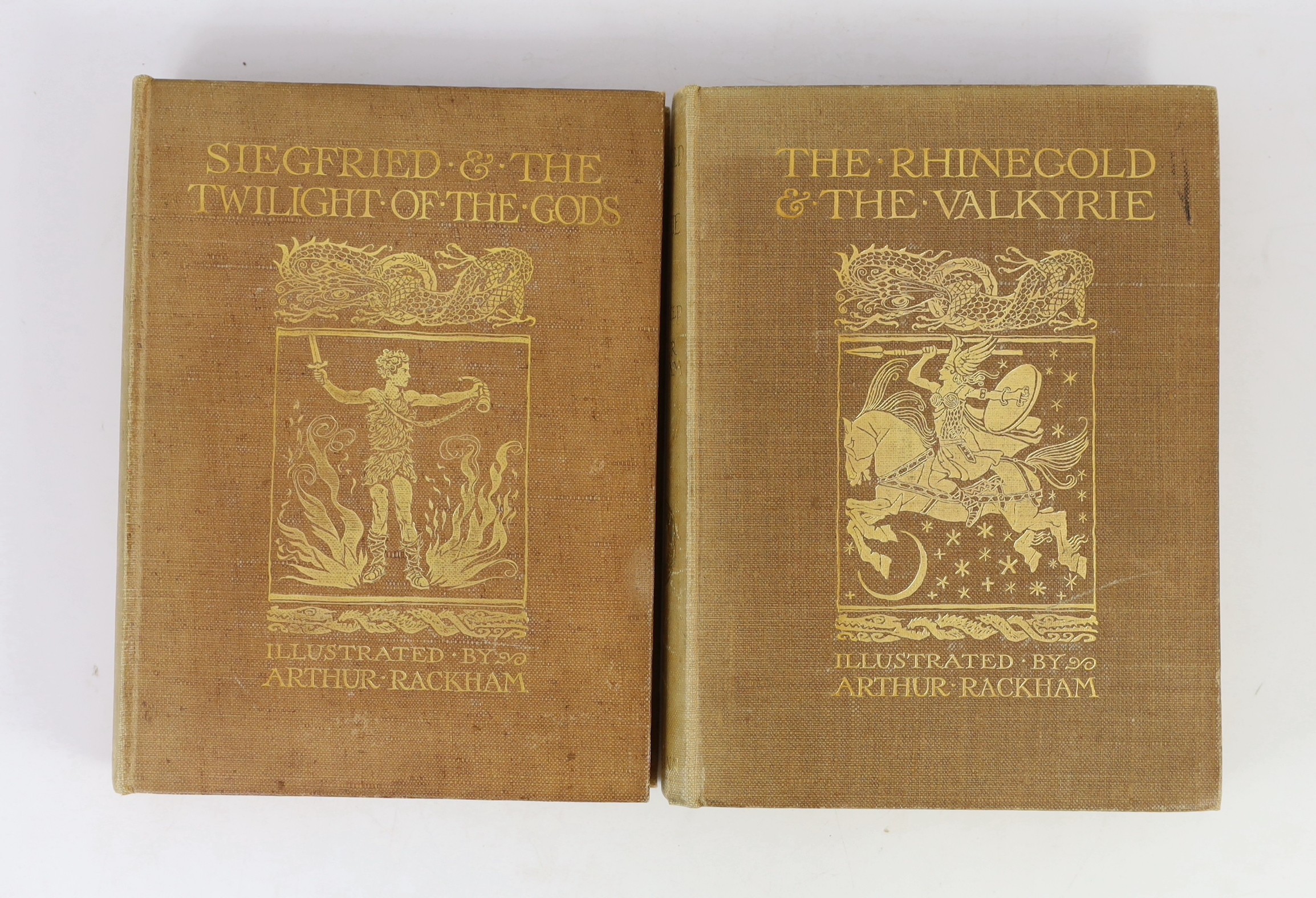 Wagner, Richard - The Ring of the Niblung ..., 2 vols., comprising The Rhinegold and the Valkyrie, and Siegfried and the Twilight of the Gods. pictorial titles, 64 coloured plates (mounted with captioned guards)